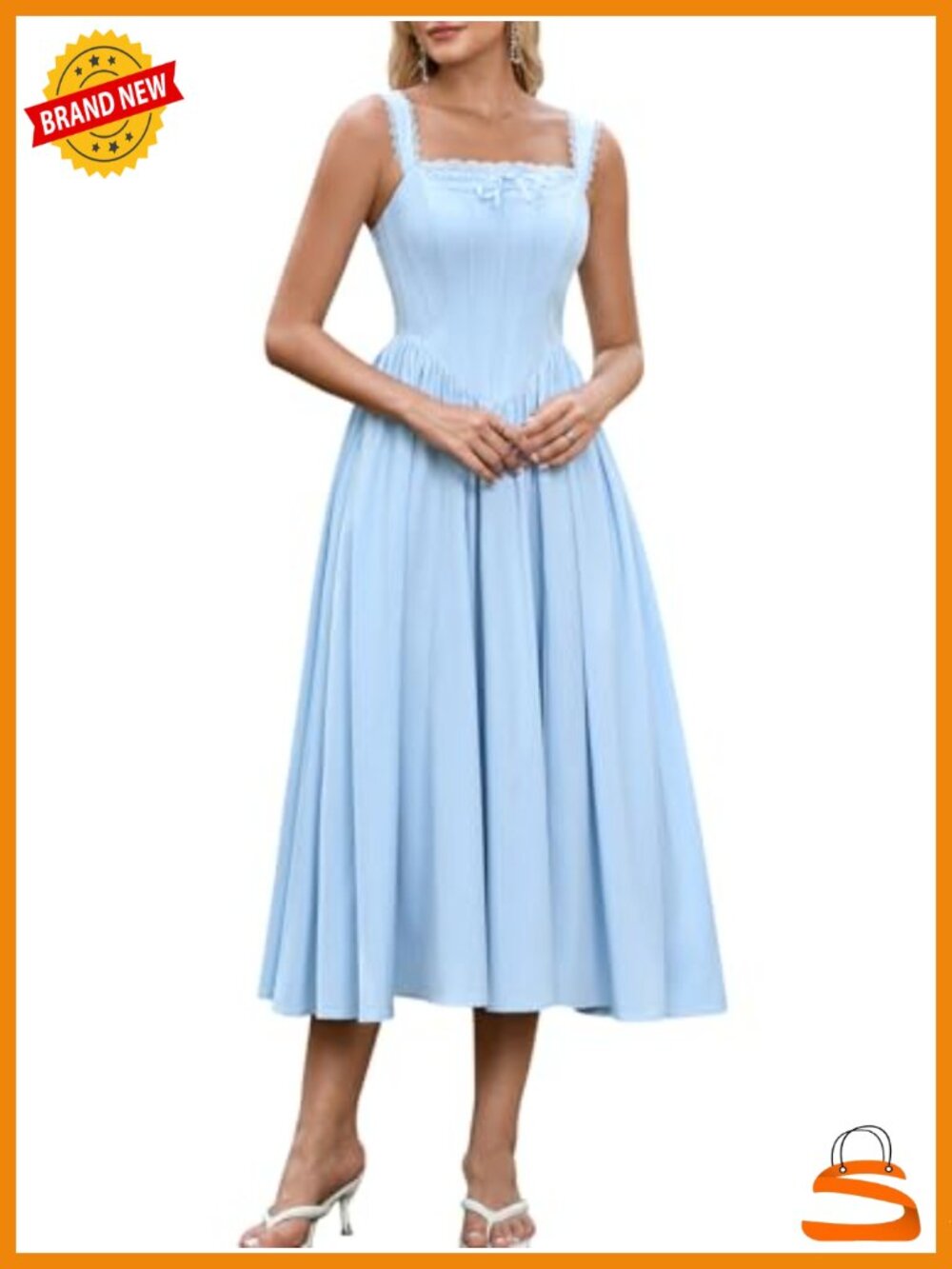 Floral Corset Midi Wedding Guest Dress Lace Up Flowy Milkmaid Bridal Shower